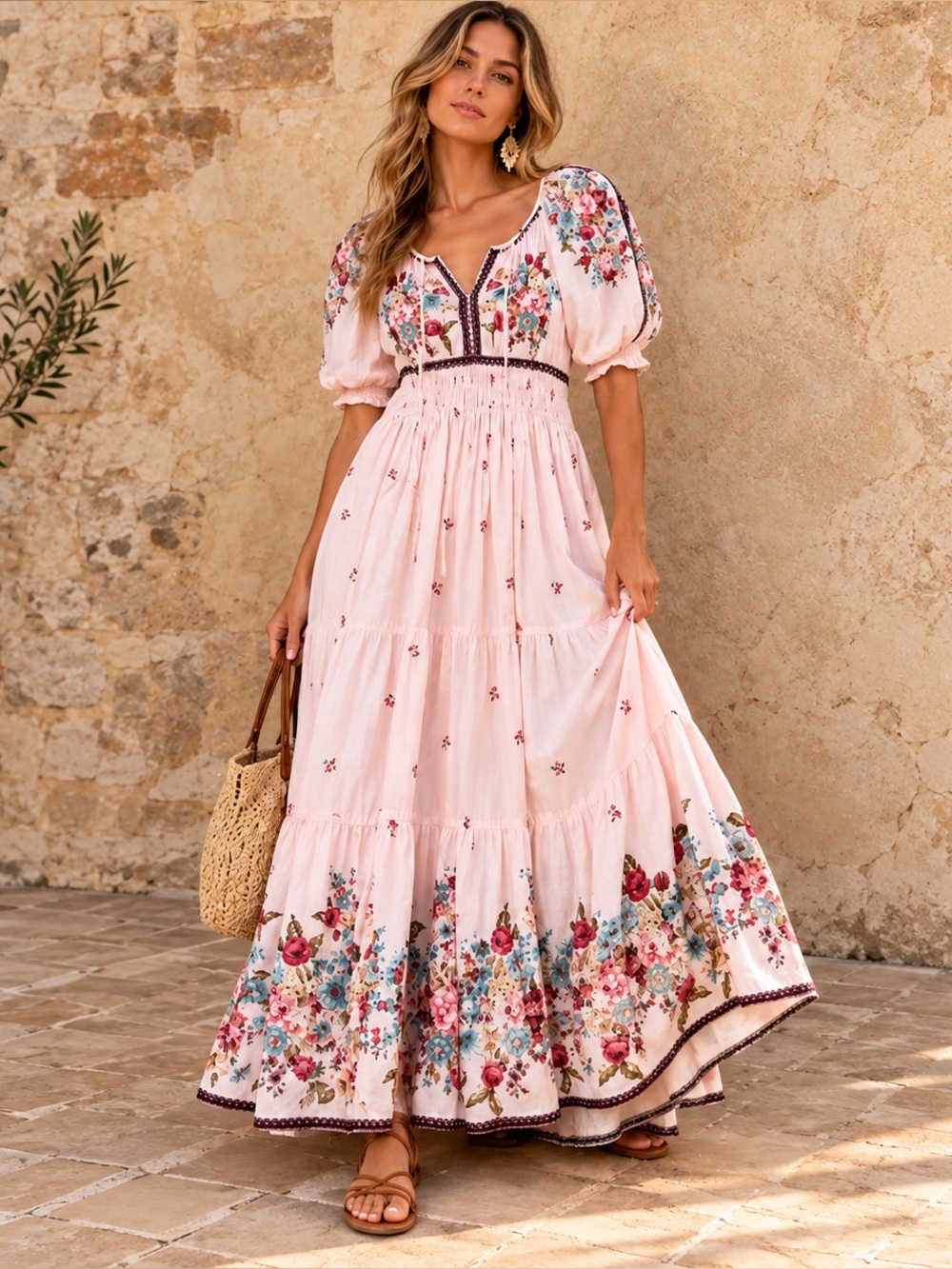 Anthropologie Somerset Pink Floral Puff Sleeve Maxi Dress XL